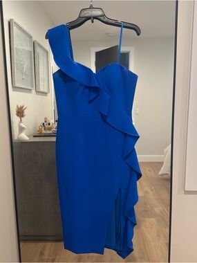 Aidan Mattox Electric Blue One-Shoulder Ruffle Midi Dress
